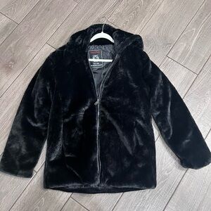 Black Faux Fur Hooded Jacket Coat – Zip Front – Soft Plush Winter Coat